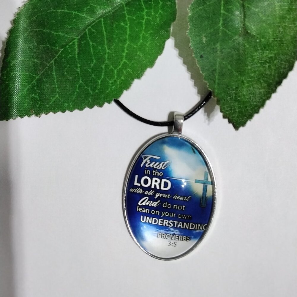 Elegant Trust in the Lord silver tone oval pendant leather cord necklace